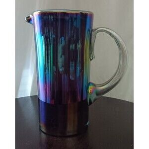 Iridescent Amethyst Carnival Glass Pitcher, Cylindrical, Handmade Blown Vintage
